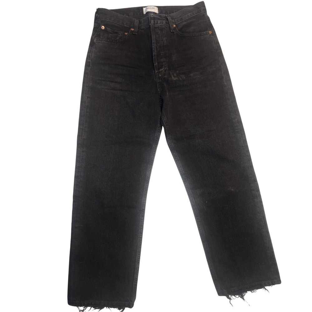 Agolde Los Angeles High‎ Rise Straight Leg Jeans Washed Black Raw Hem Size 27